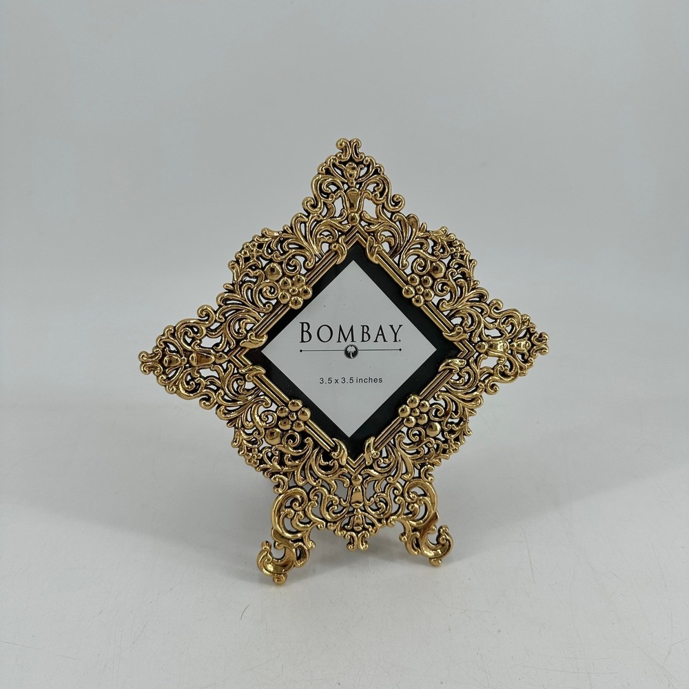 Bombay Gold Filigree Ornate Baroque Diamond Picture Frame 3.5x3.5 Vintage Style